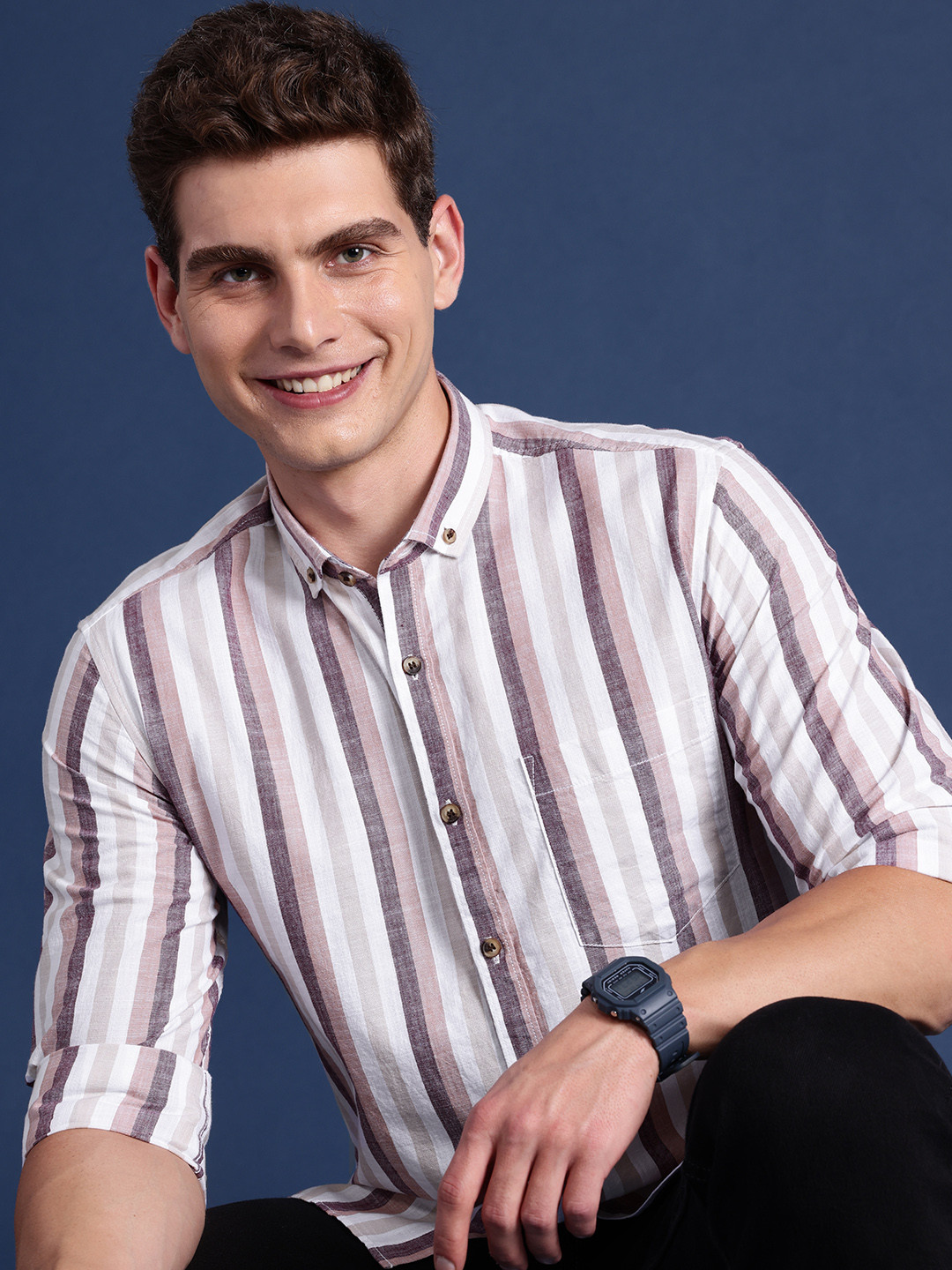

Mast & Harbour Men Standard Striped Pure Cotton Casual Shirt, Purple