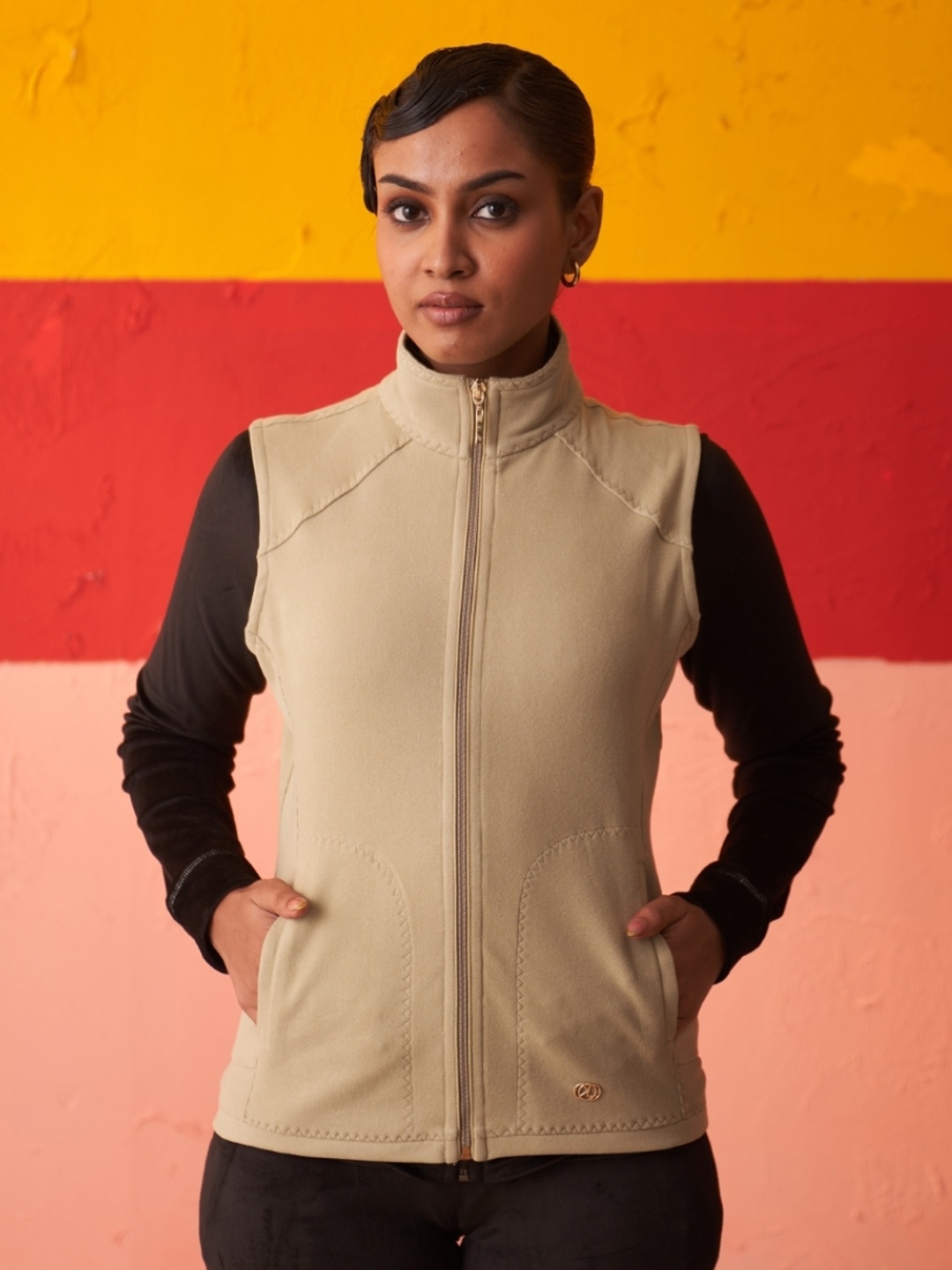 

Lakshita Mock Collar Sleeveless Lightweight Tailored Jacket, Beige