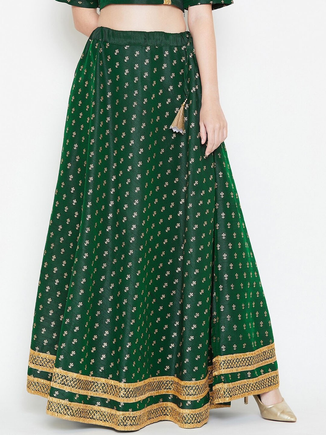 

studio rasa Ethnic Motifs Block Printed Flared Maxi Skirt, Green