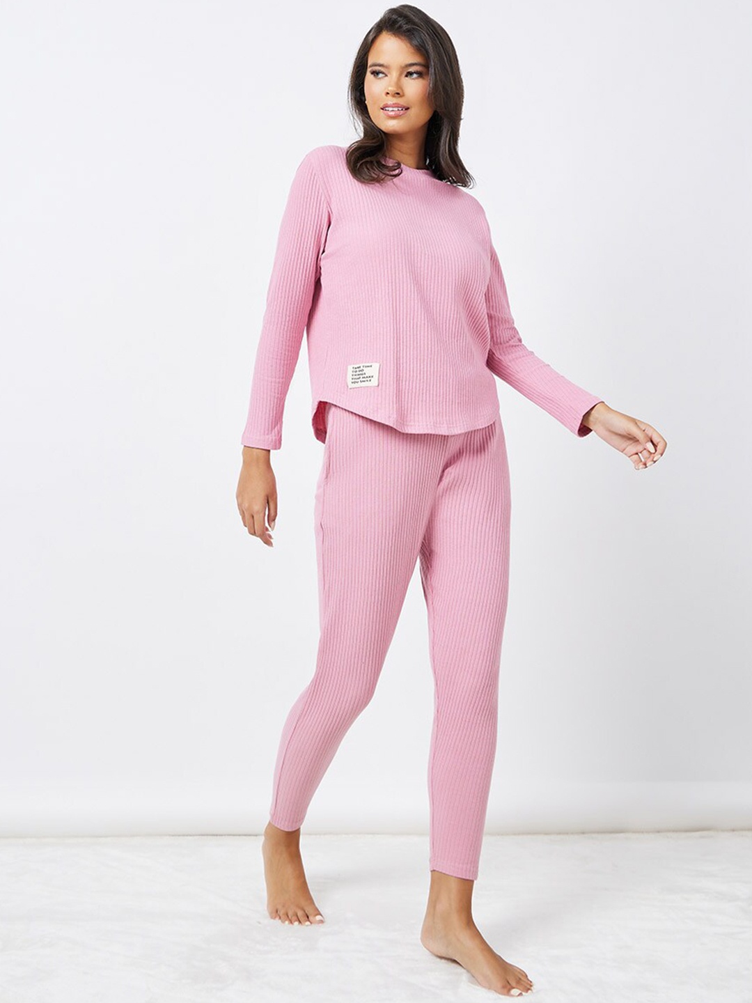 

Styli Pink Ribbed Cotton T-Shirt and Pyjama Night Suit