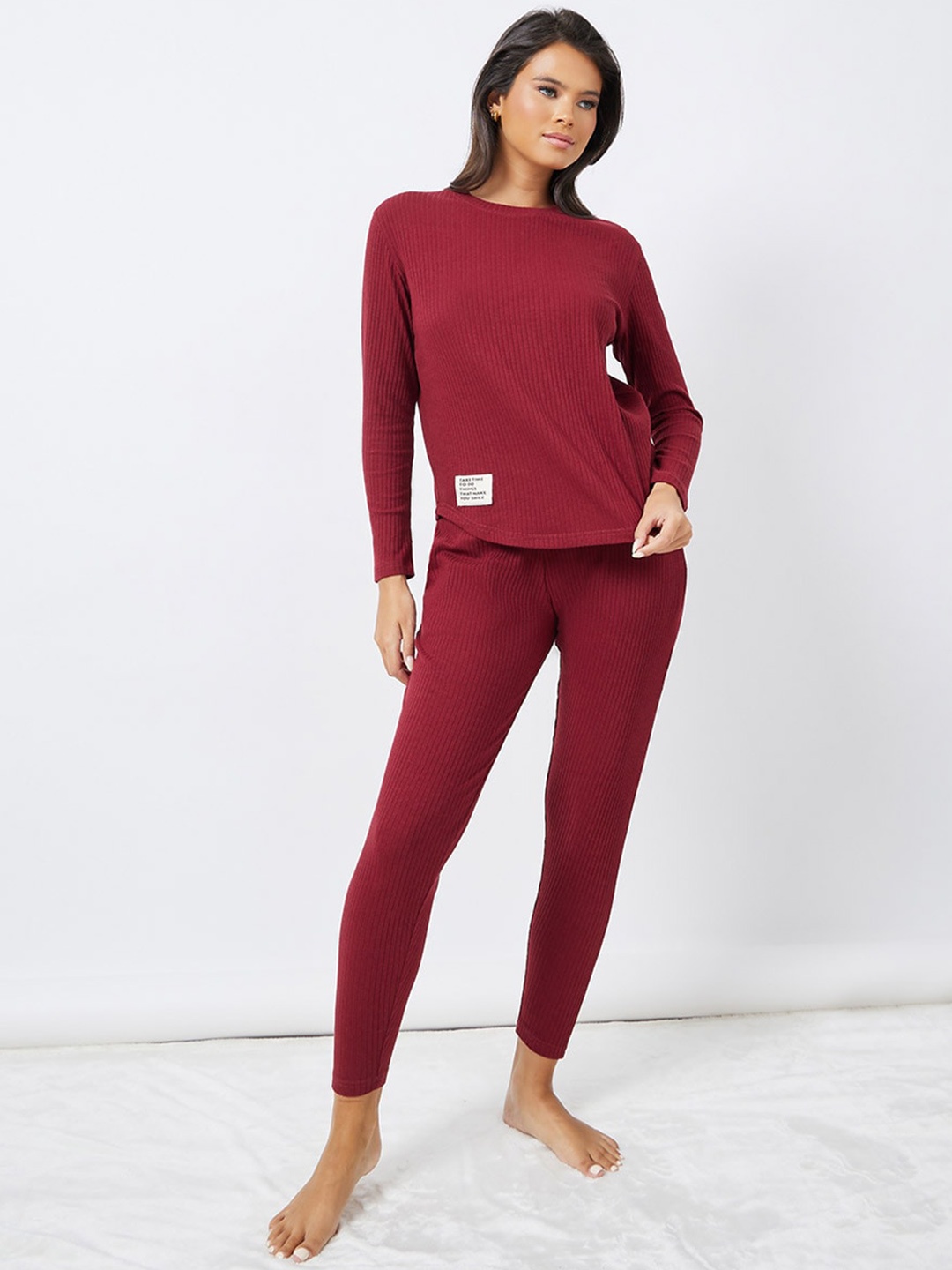 

Styli Burgundy Ribbed Cotton T-Shirt and Pyjama Night suit