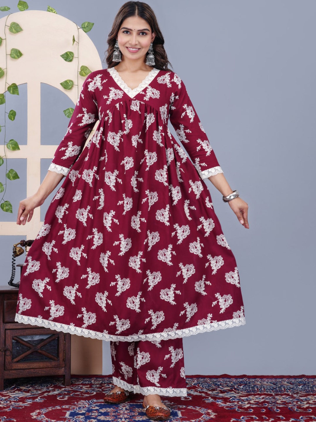 

KALINI Floral Printed Lace Work Empire Kurta with Palazzos, Maroon