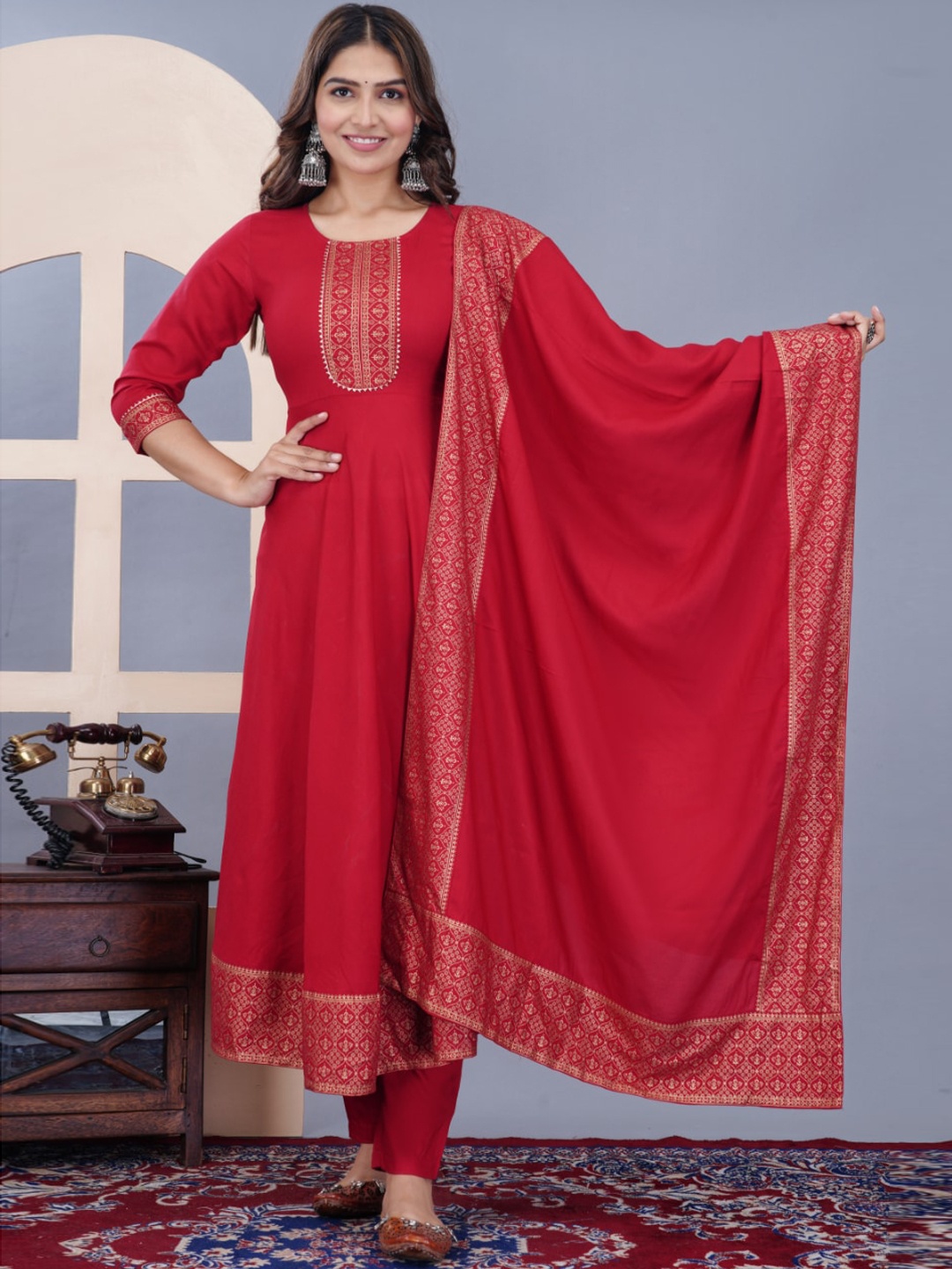 

KALINI Ethnic Motifs Yoke Design Gotta Patti A-Line Kurta & Trousers With Dupatta, Maroon