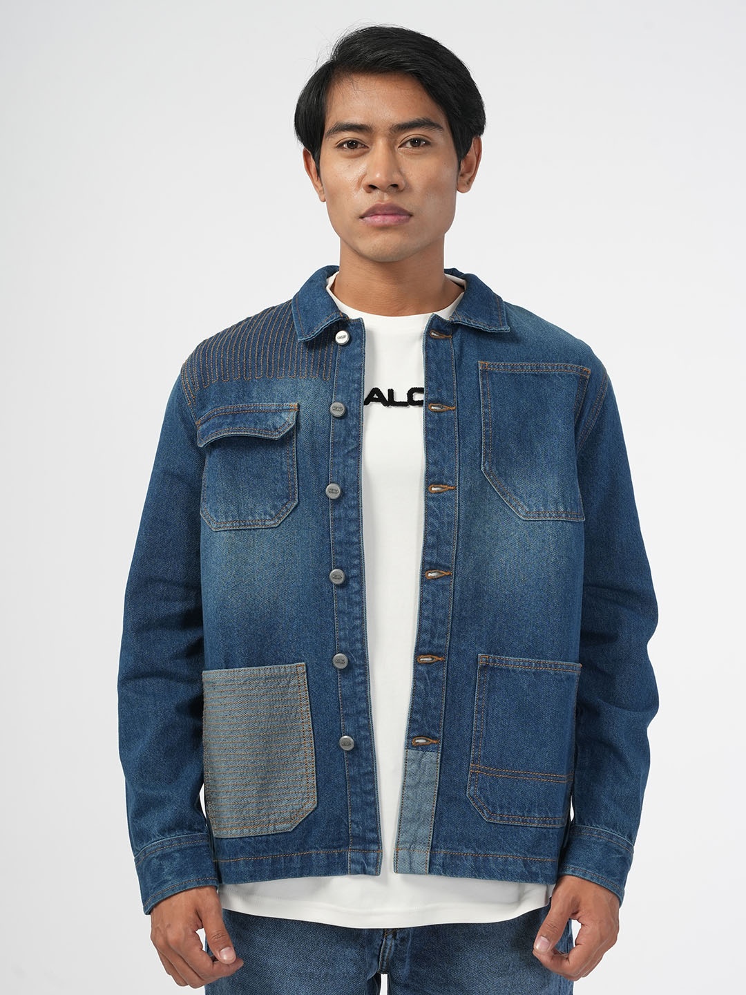 

NoBiY Spread Collar Pure Cotton Denim Jacket, Blue