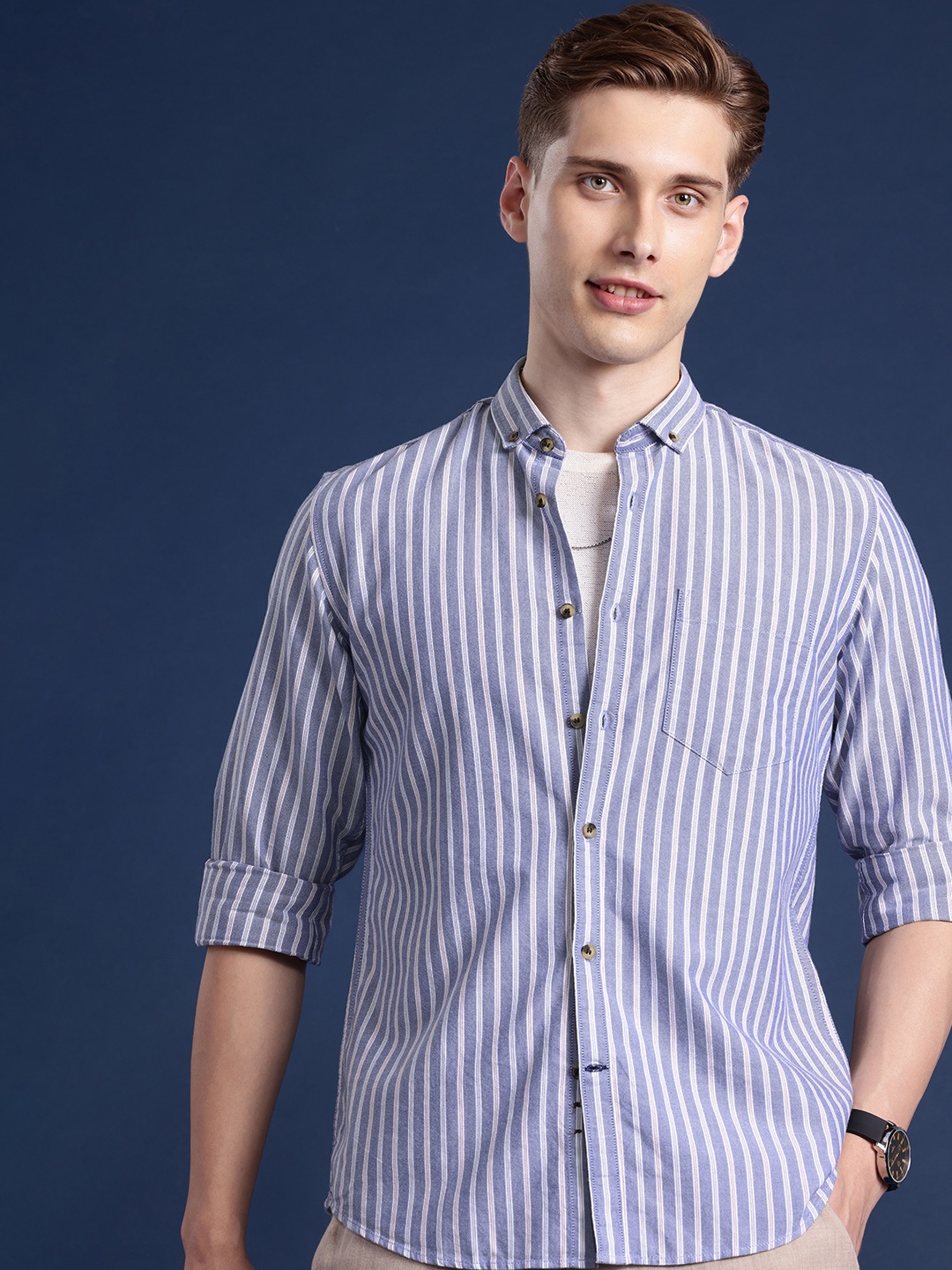 

Mast & Harbour Men Standard Striped Casual Shirt, Blue