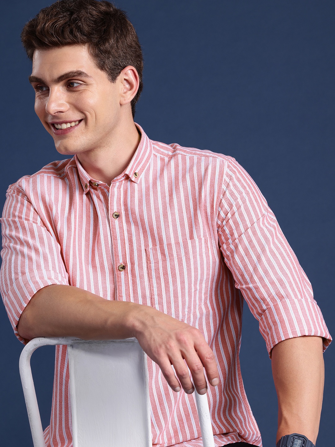 

Mast & Harbour Men Standard Striped Pure Cotton Casual Shirt, Red