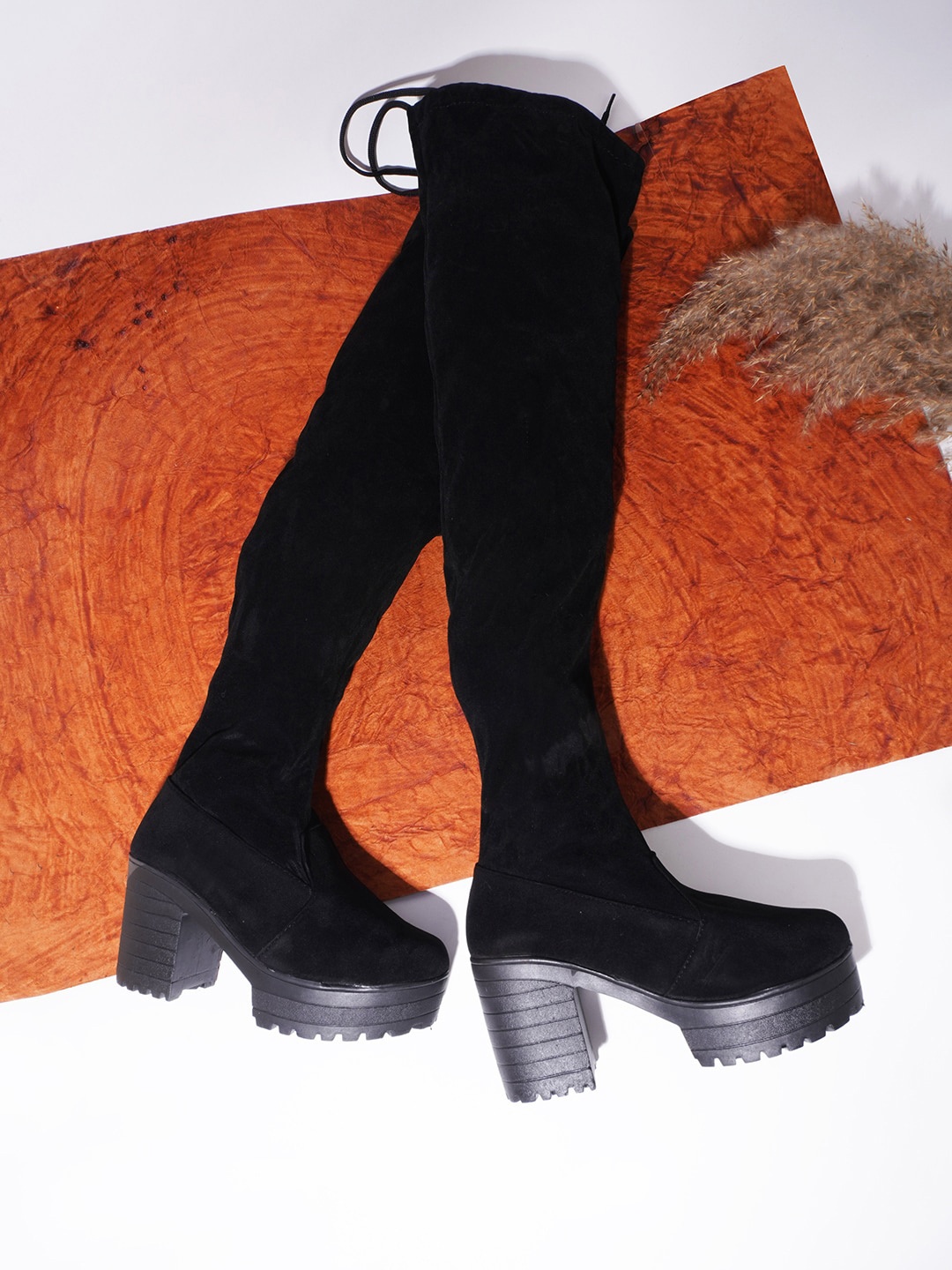 

Try Me Women Platform Heeled Suede High-Top Chunky Boots, Black