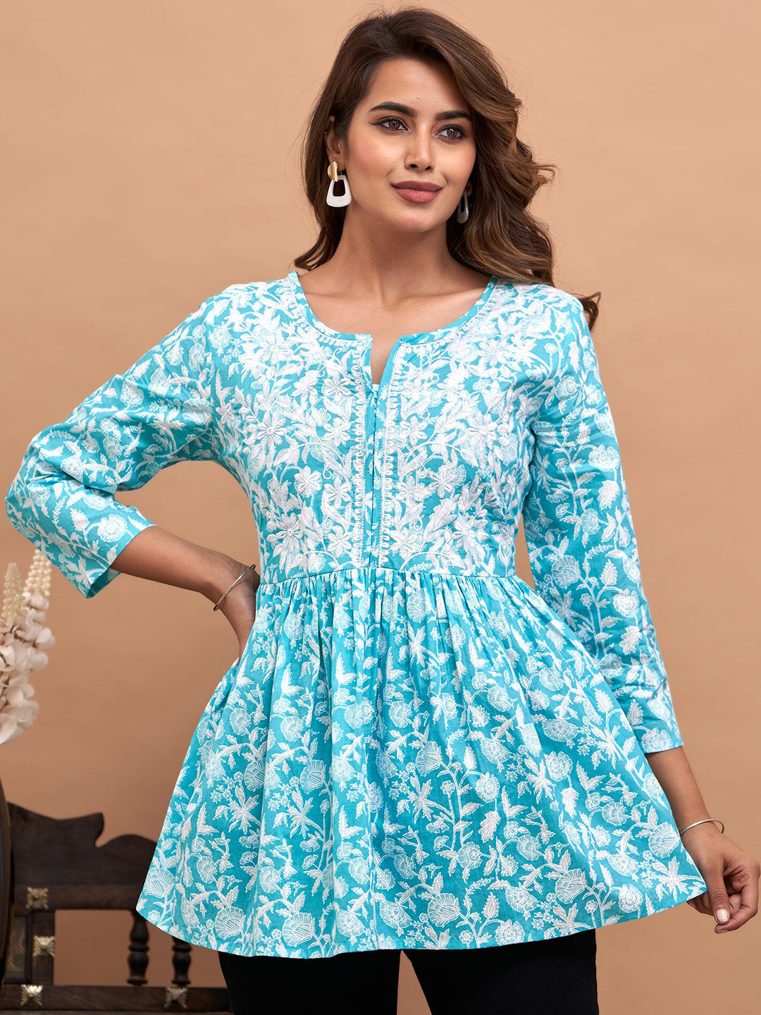 

STYLUM FAB Floral Printed Chikankari Embroidered Detail Cotton A-Line Top, Blue