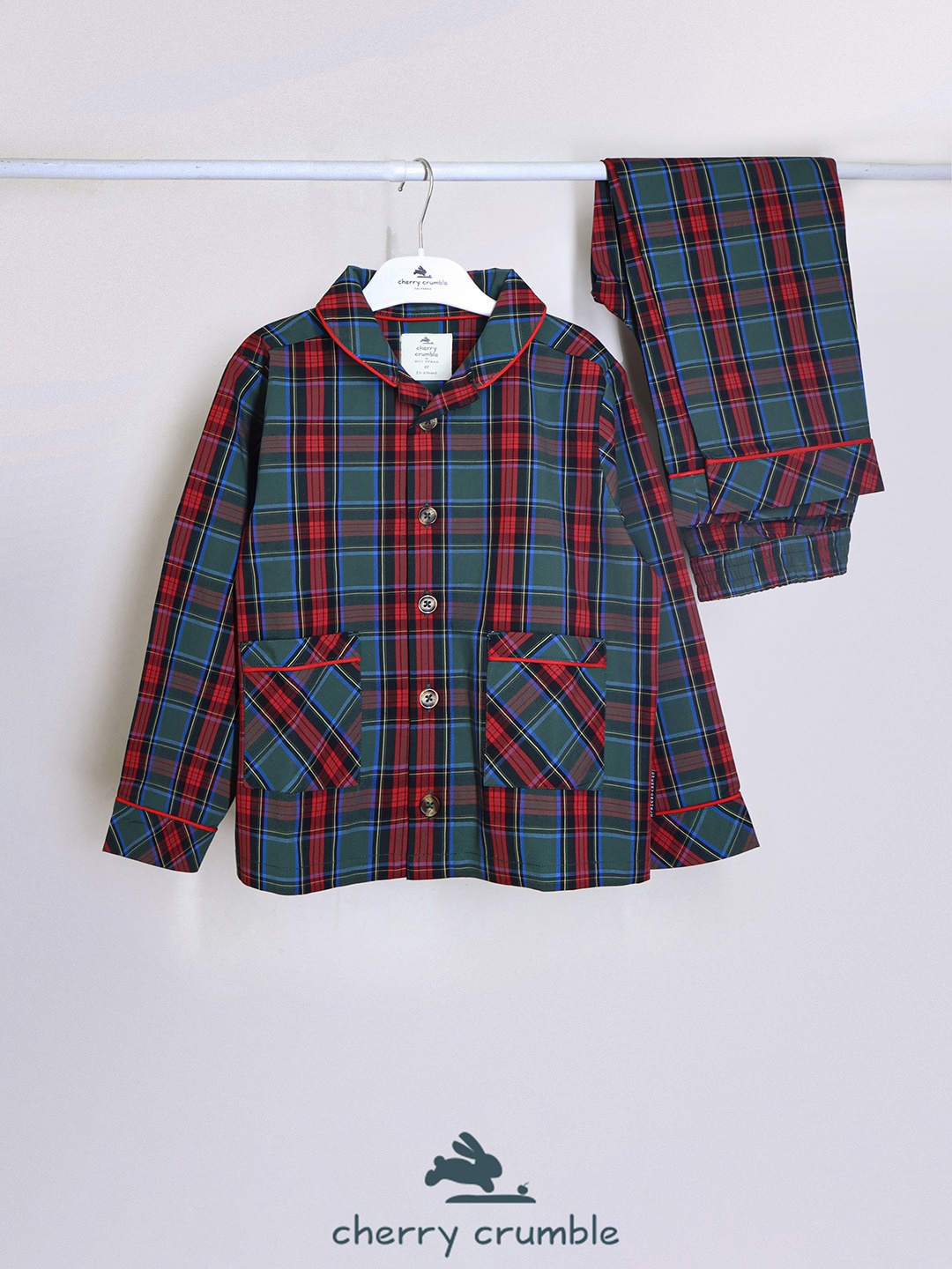 

Cherry Crumble Kids Checked Night suit, Green