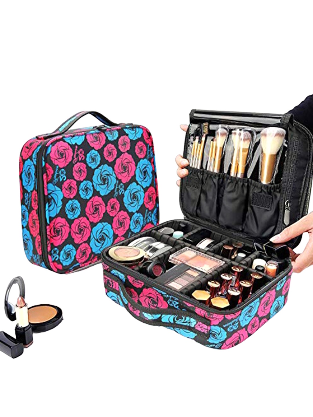 

HOUSE OF QUIRK Blue & Pink Printed Adjustable Compartment Makeup Organiser Bag