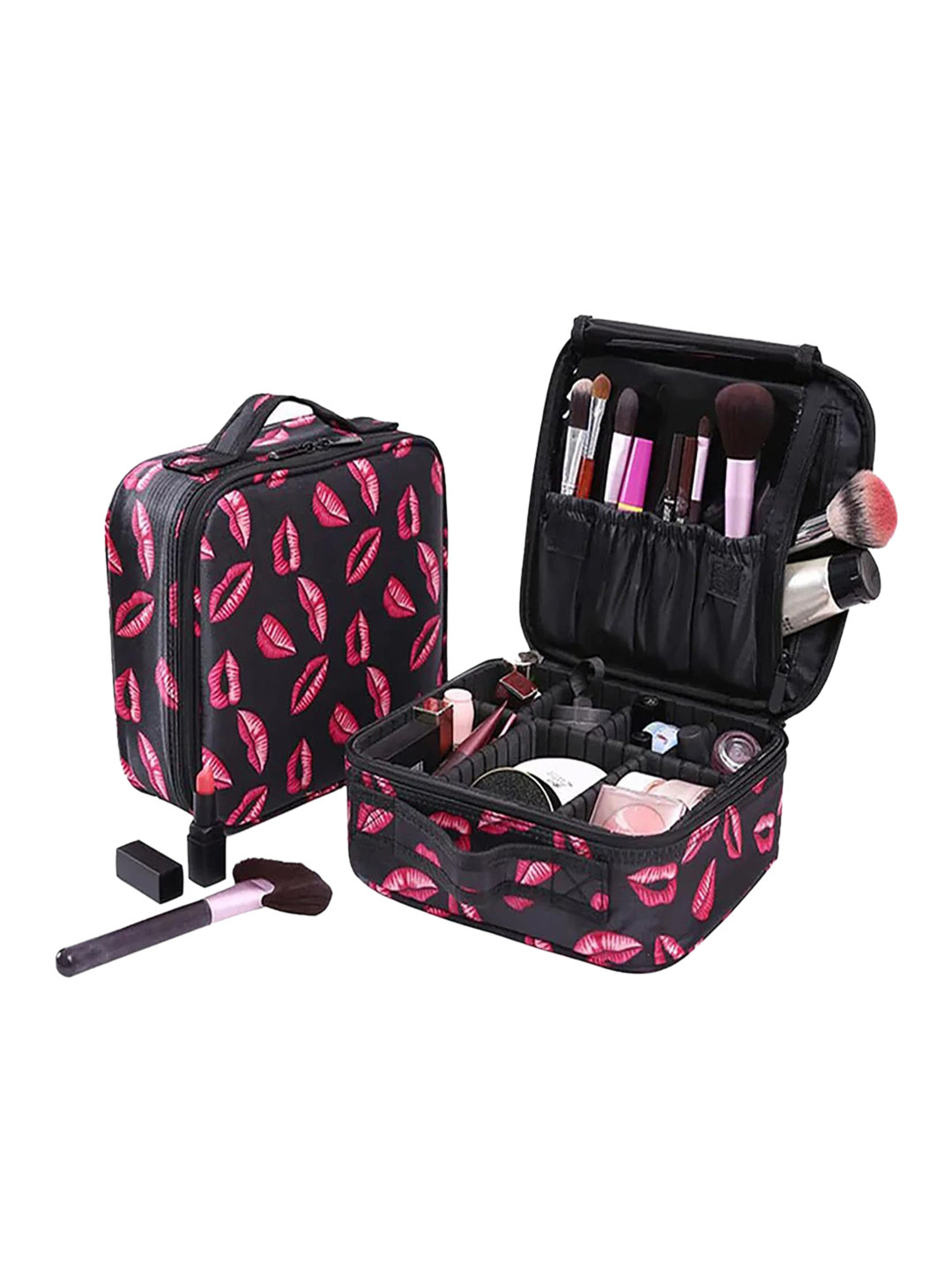 

HOUSE OF QUIRK Black & Red Printed Adjustable Compartment Makeup Organiser Bag