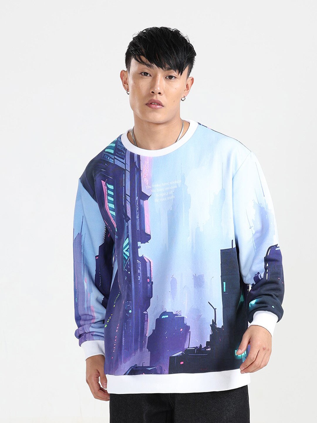 

NoBiY Graphic Printed Drop Shoulder Sleeves Cotton Sweatshirt, Blue