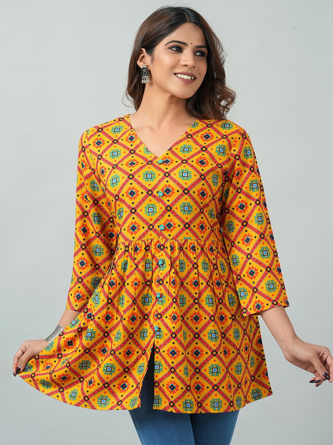 

HERE&NOW Ethnic Motifs Printed A-Line Kurti, Mustard