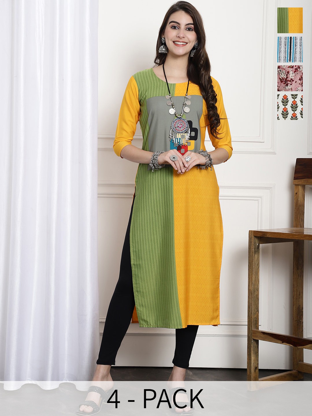 

7Threads Selection Of 4 Printed Straight Kurtas, Yellow