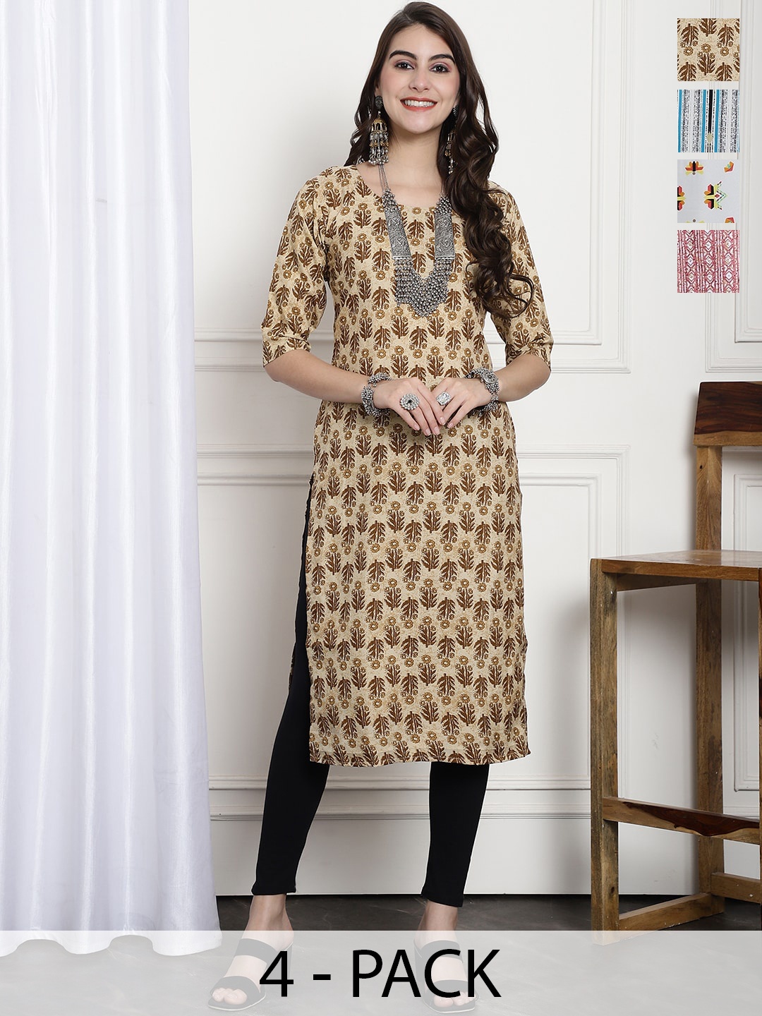 

7Threads Selection Of 4 Ethnic Motifs Printed Straight Kurta, Yellow
