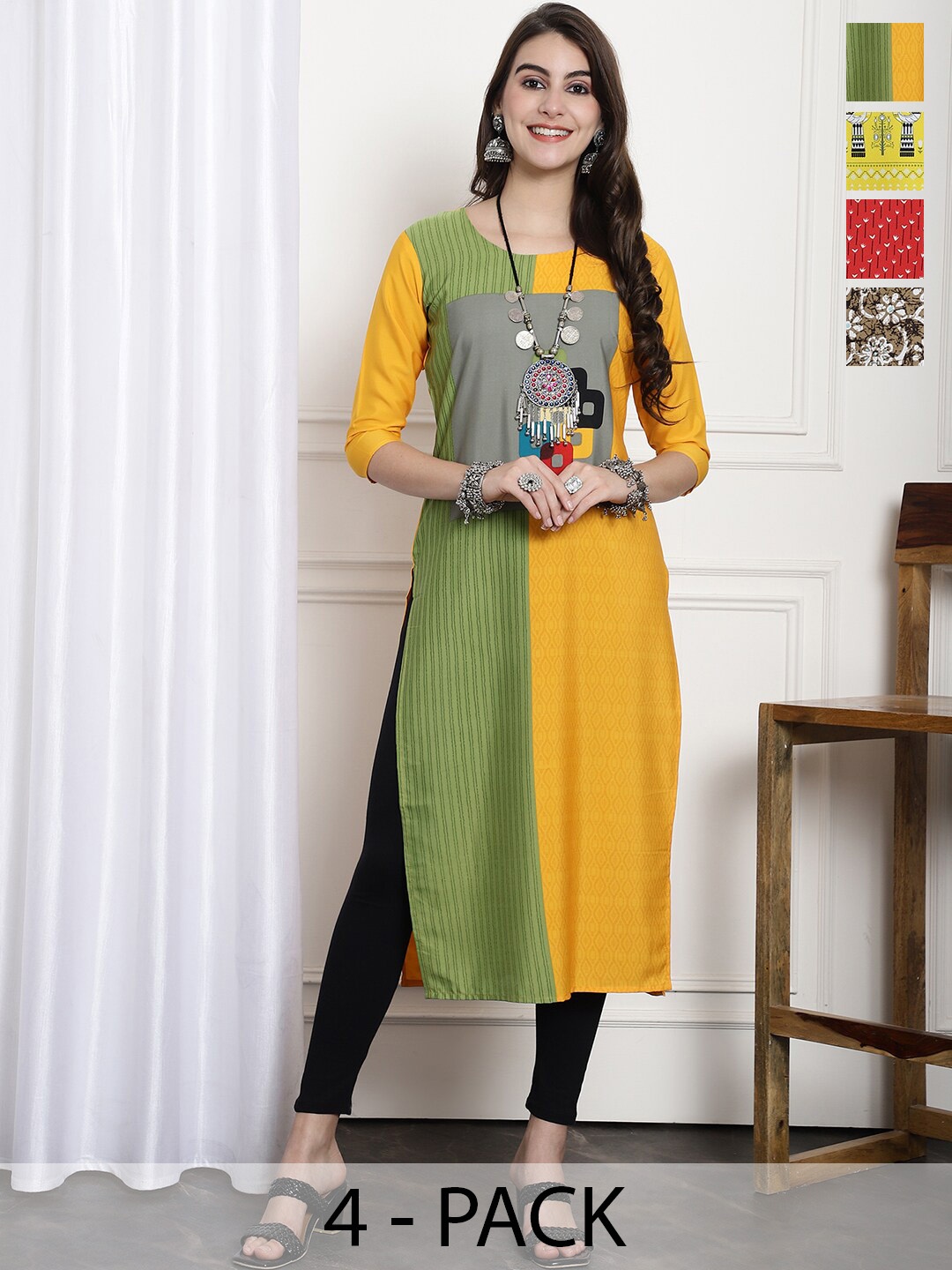 

7Threads Selection Of 4 Printed Round Neck Crepe Straight Kurta, Yellow