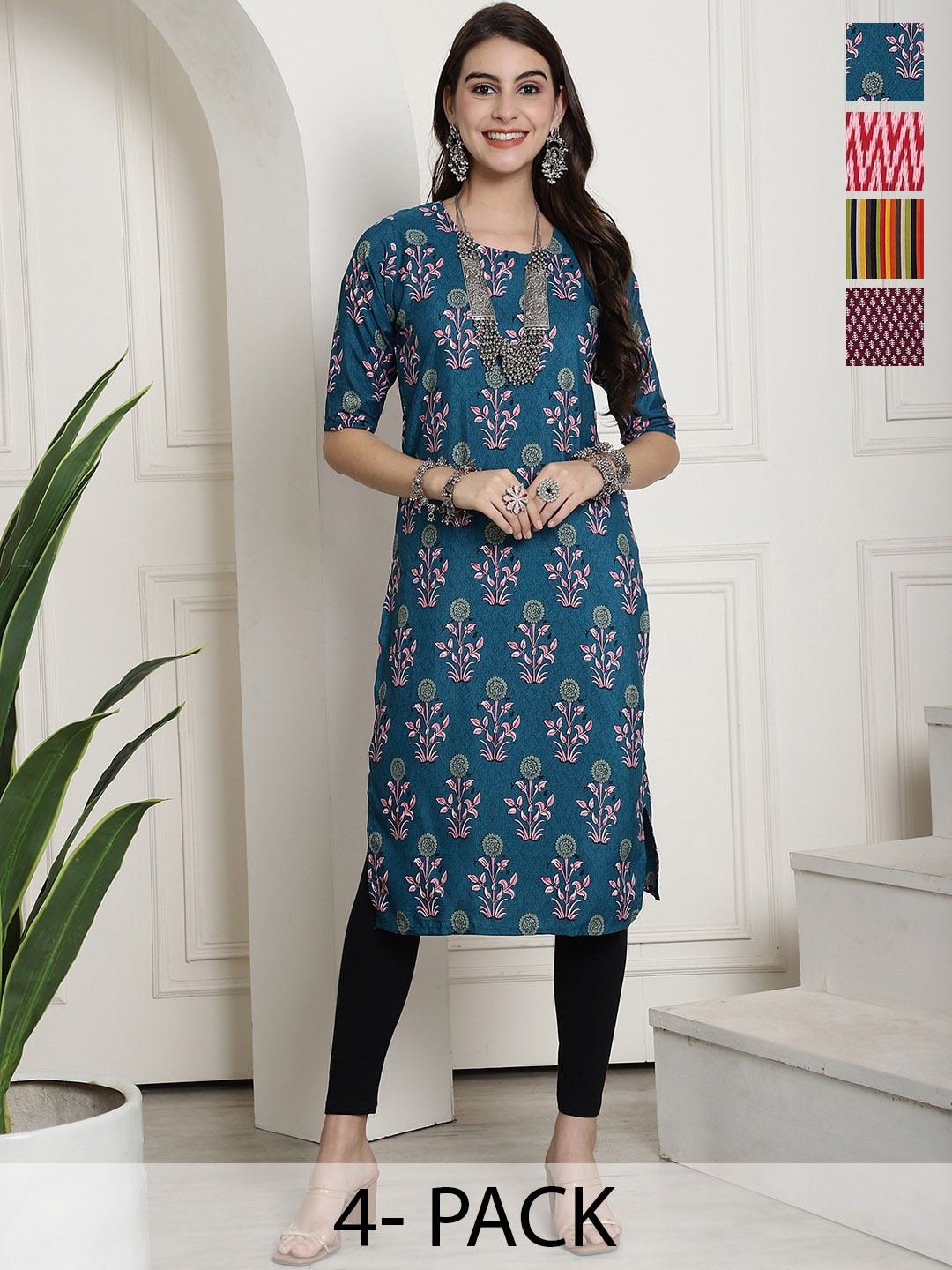 

7Threads Selection Of 4 Ethnic Motifs Printed Straight Kurta, Blue