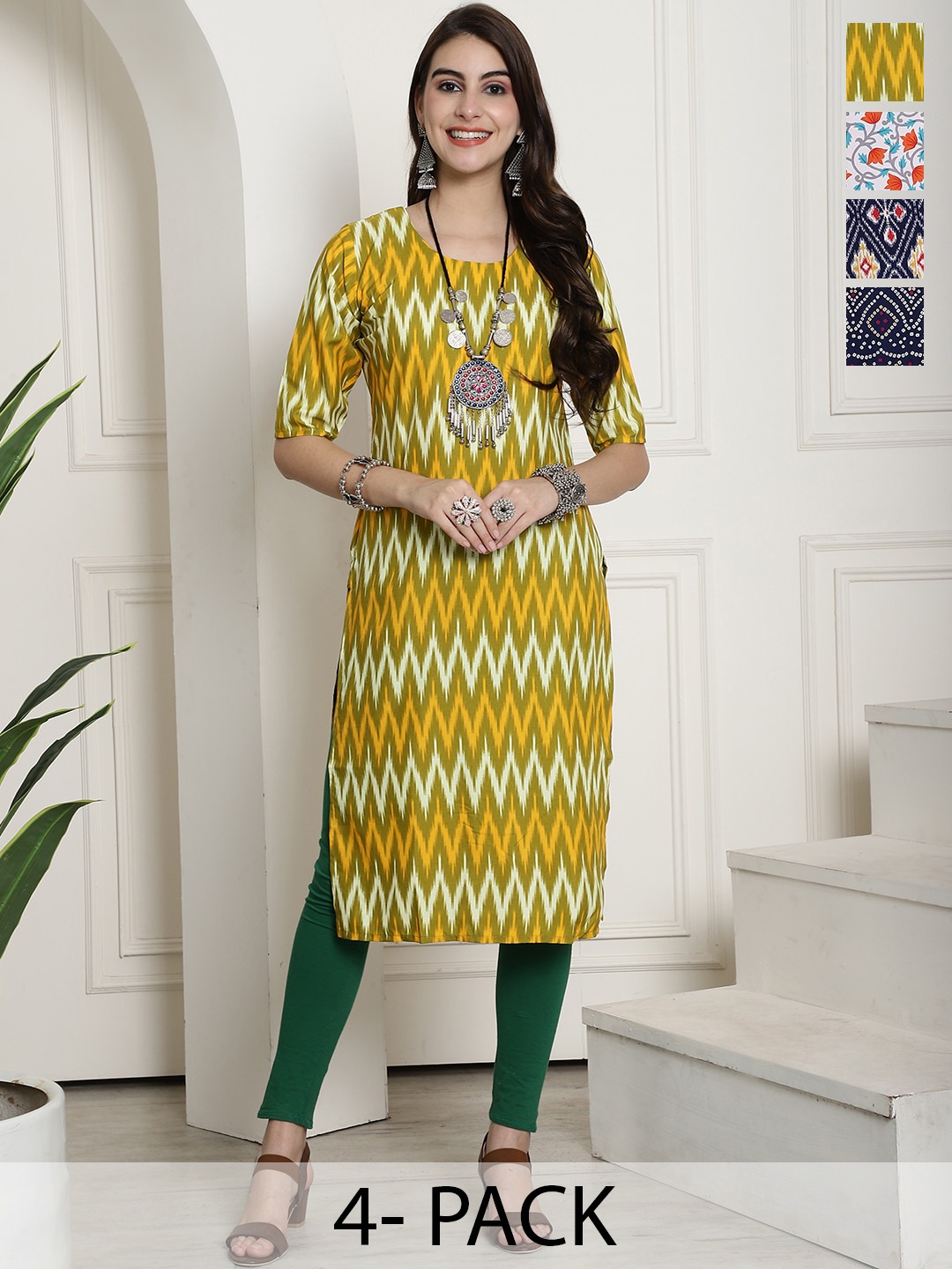 

7Threads Selection Of 4 Ethnic Motifs Printed Crepe Straight Kurta, Yellow