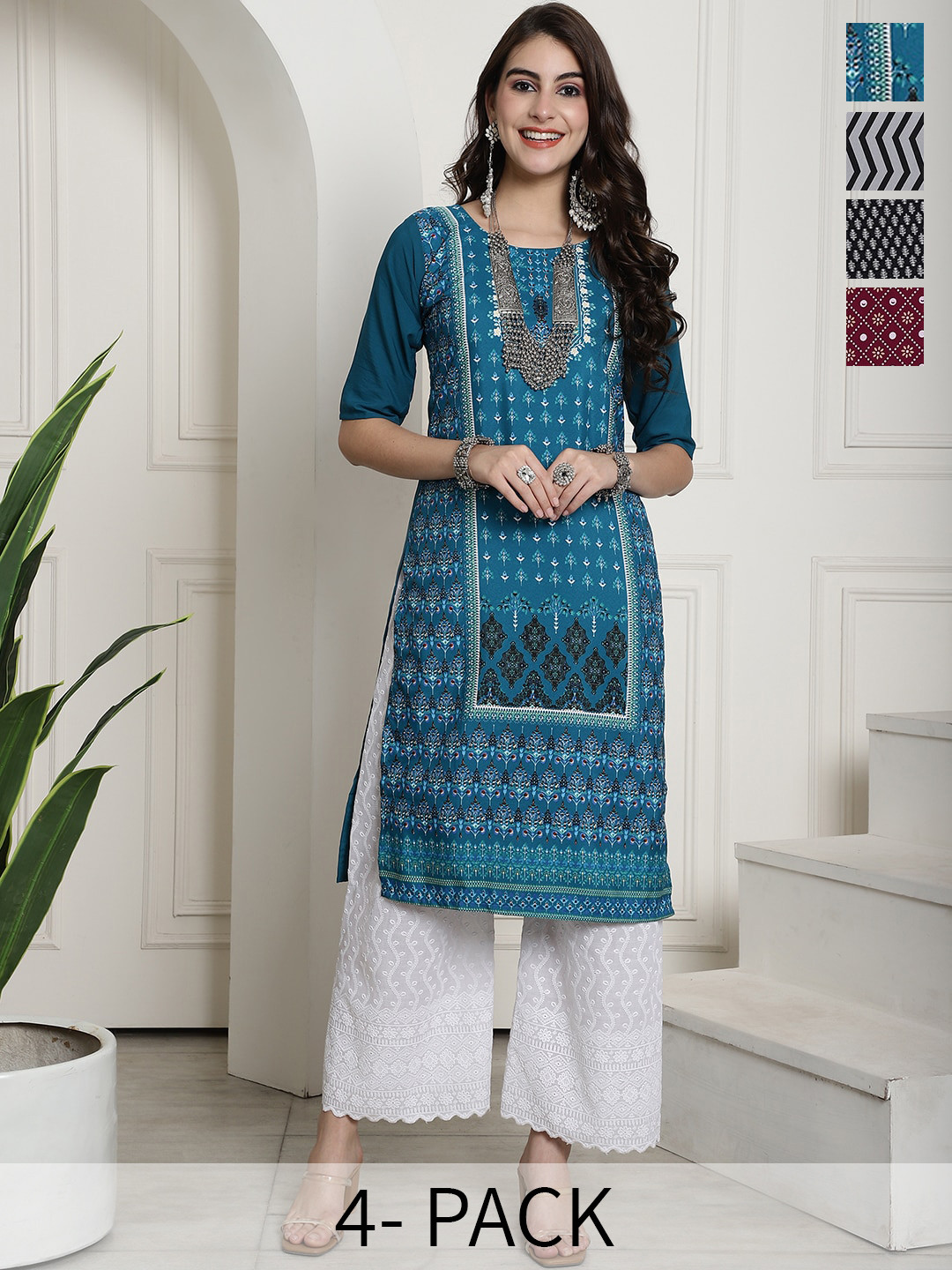 

7Threads Selection of 4 Ethnic Motifs Printed Regular Kurtas, Blue