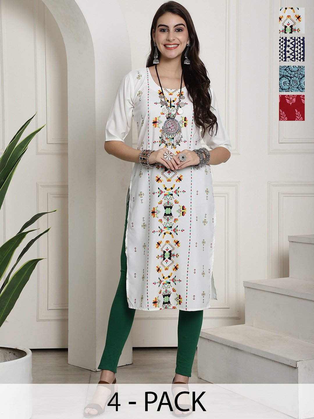 

7Threads Selection Of 4 Printed Crepe Kurta, White