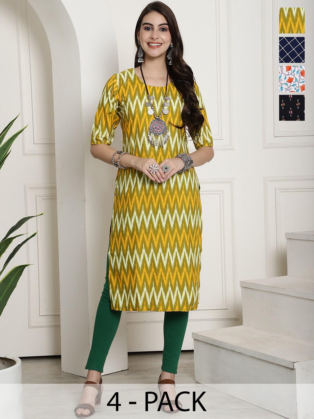 

7Threads Selection Of 4 Ethnic Motifs Printed Straight Kurta, Yellow