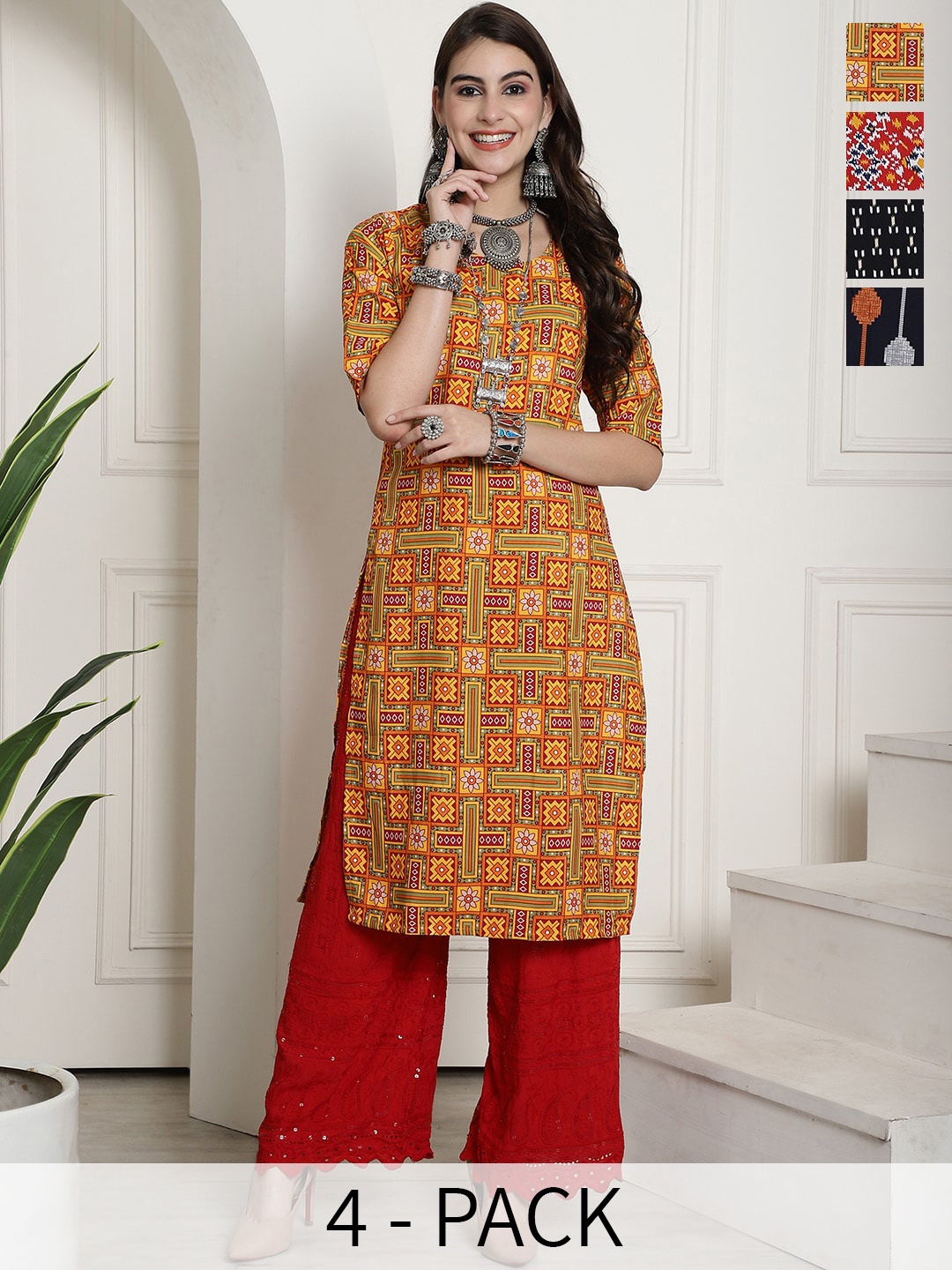 

7Threads Selection Of 4 Ethnic Motifs Printed Crepe Straight Kurta, Orange