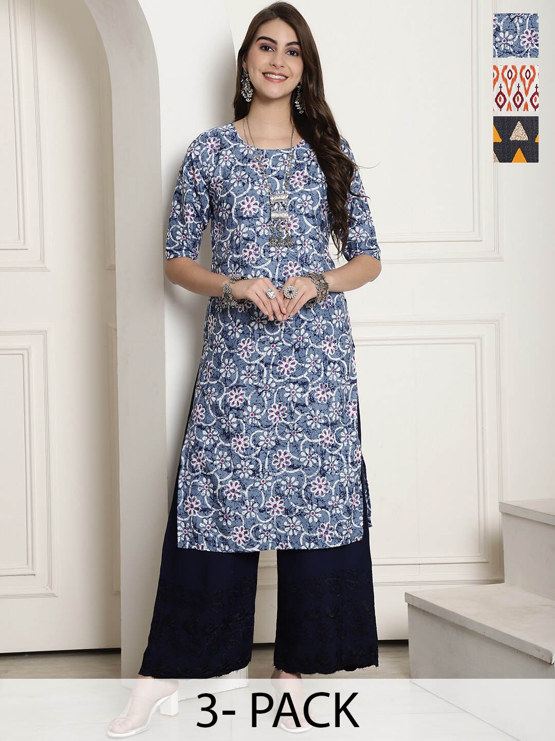 

7Threads Selection Of 4 Ethnic Motifs Printed Straight Kurta, Blue