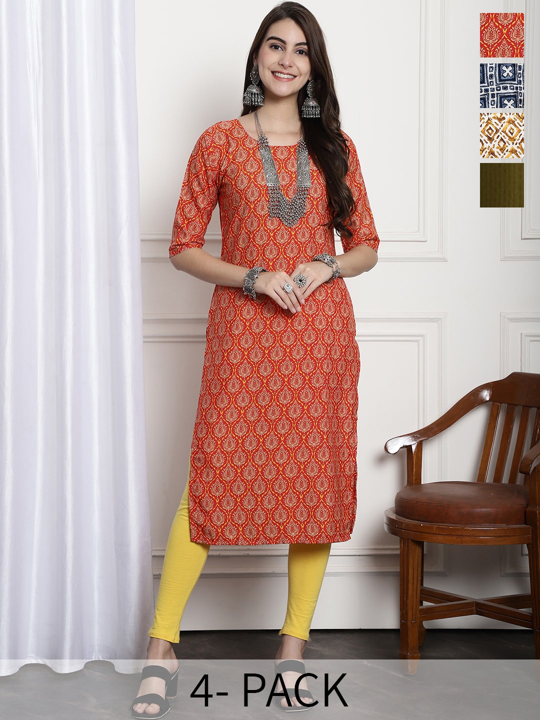 

7Threads Selection Of 4 Ethnic Motifs Printed Crepe Kurta, Orange