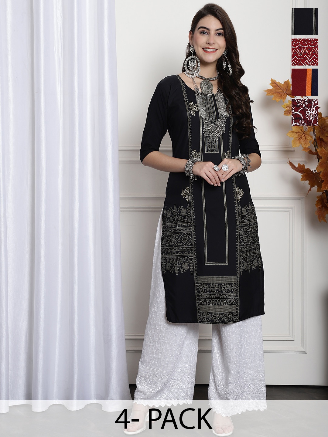 

7Threads Selection Of 4 Printed Straight Crepe Kurtas, Black