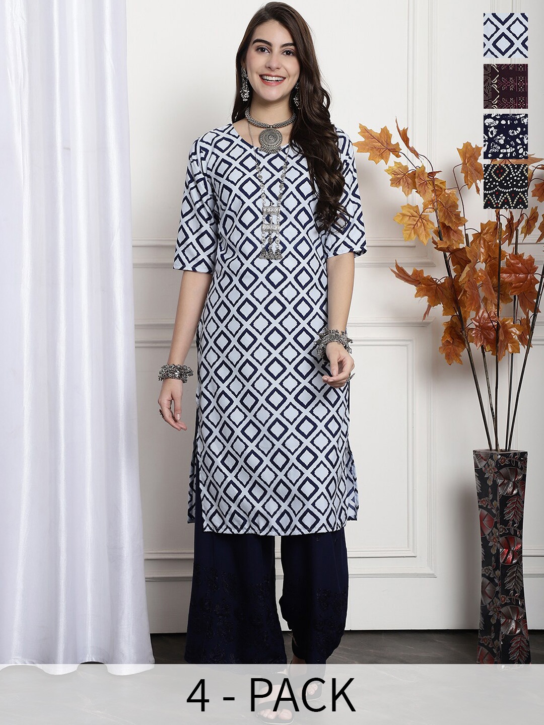 

7Threads Selection Of 4 Ethnic Motifs Printed Crepe Straight Kurta, Blue