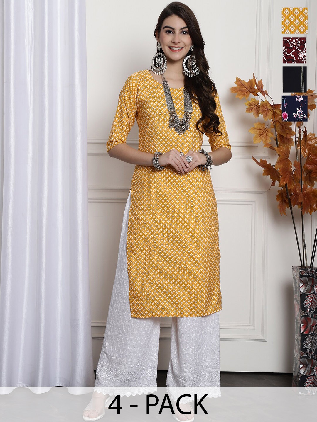 

7Threads Selection Of 4 Ethnic Motifs Printed Straight Kurtas, Yellow