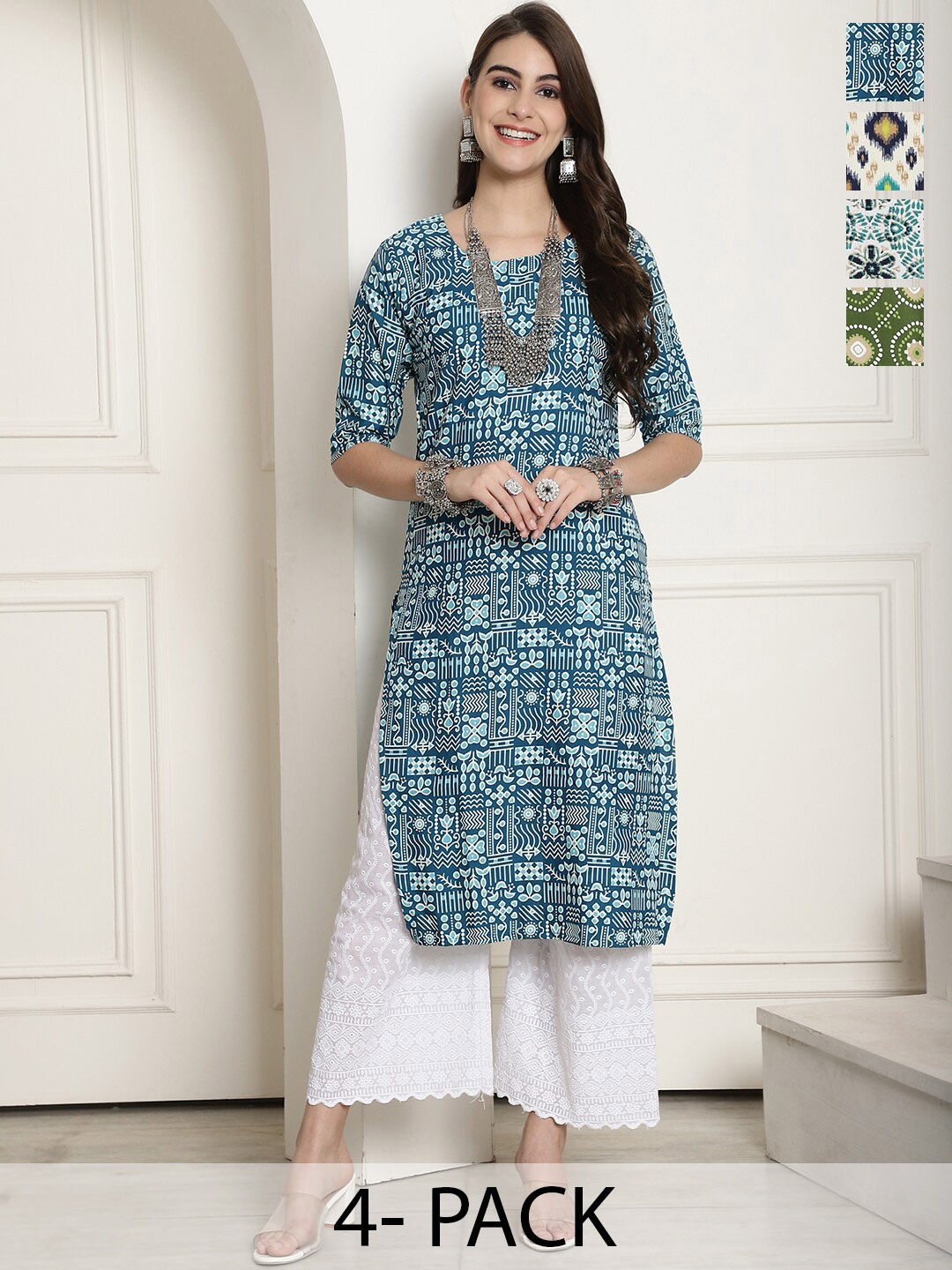 

7Threads Selection Of 4 Printed Round Neck Straight Kurtas, Blue