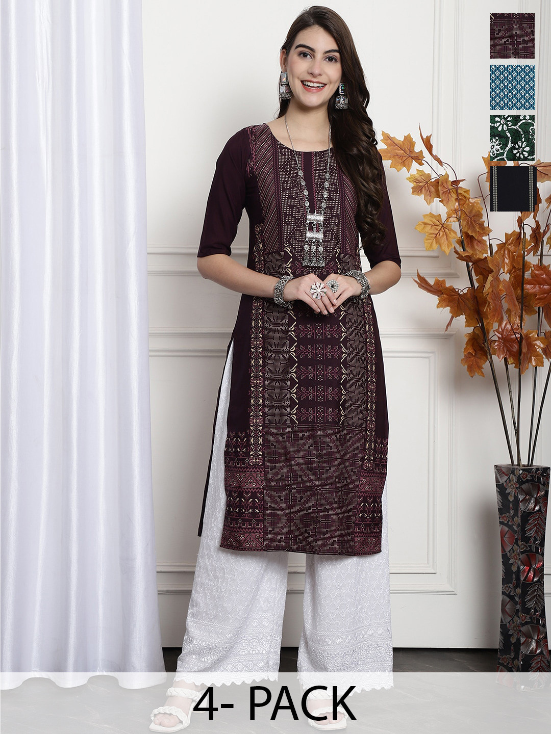 

7Threads Selection Of 4 Printed Round Neck Straight Kurtas, Brown