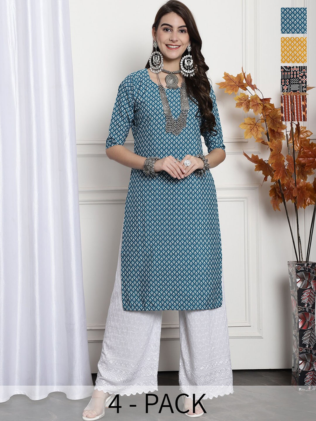 

7Threads Selection Of 4 Ethnic Motifs Printed Crepe Straight Kurta, Blue