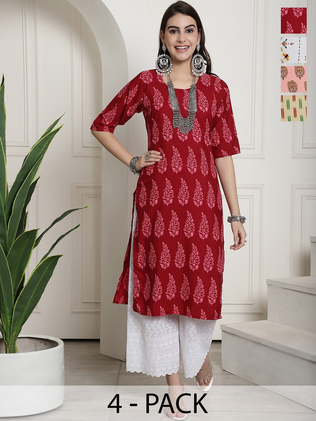 

7Threads Selection Of 4 Printed Round Neck Kurtas, Red