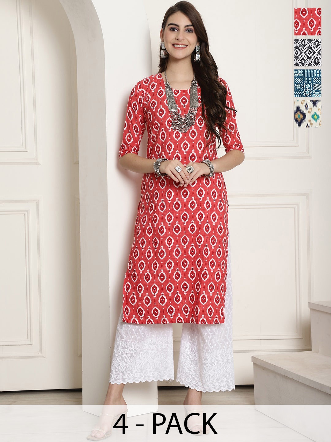 

7Threads Selection Of 4 Ethnic Motifs Printed Straight Kurtas, Pink