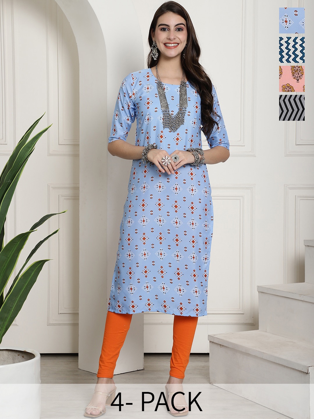 

7Threads Selection Of 4 Geometric Printed Straight Kurta, Blue