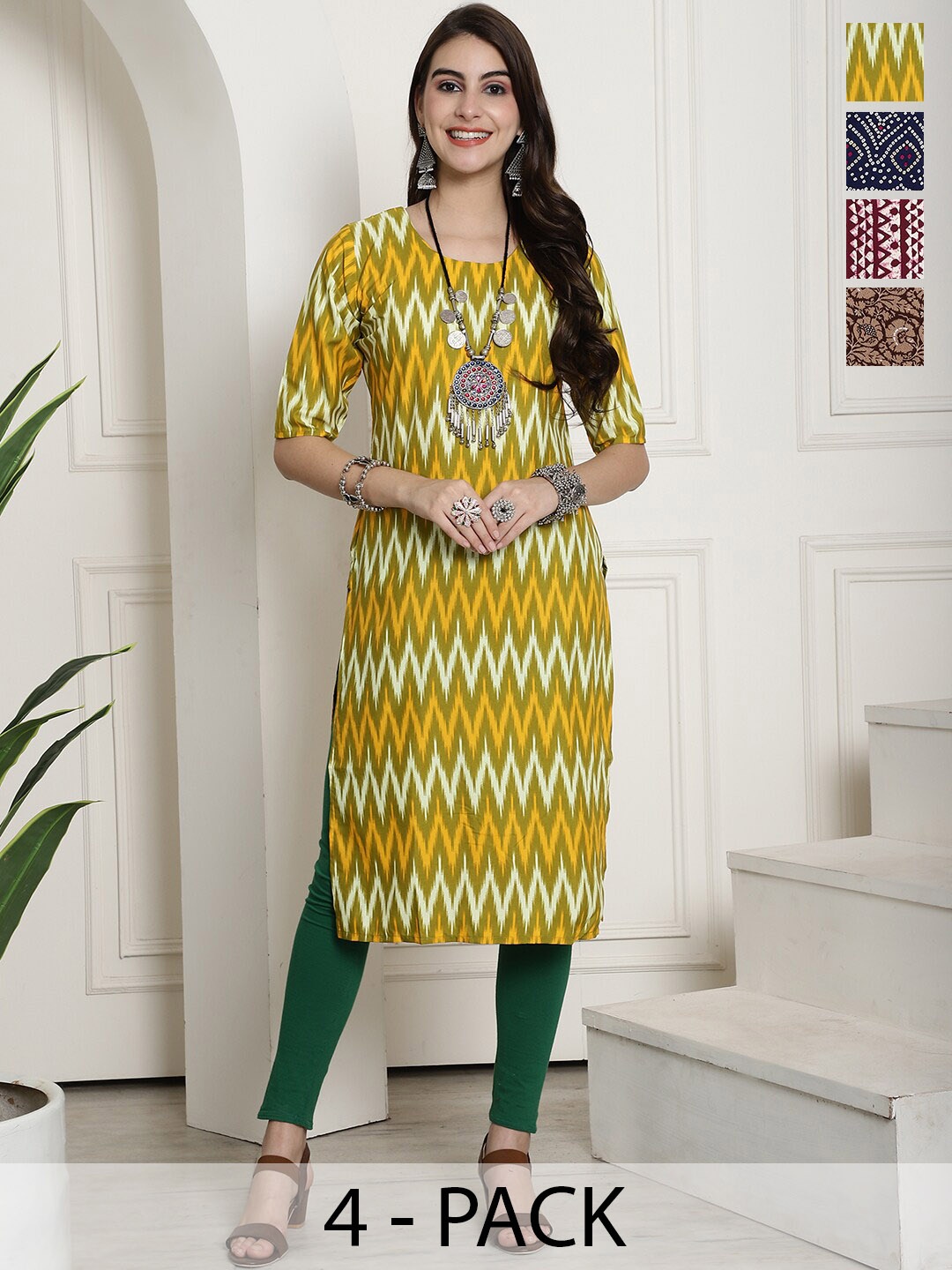 

7Threads Selection Of 4 Ethnic Motifs Printed Crepe Kurta, Green