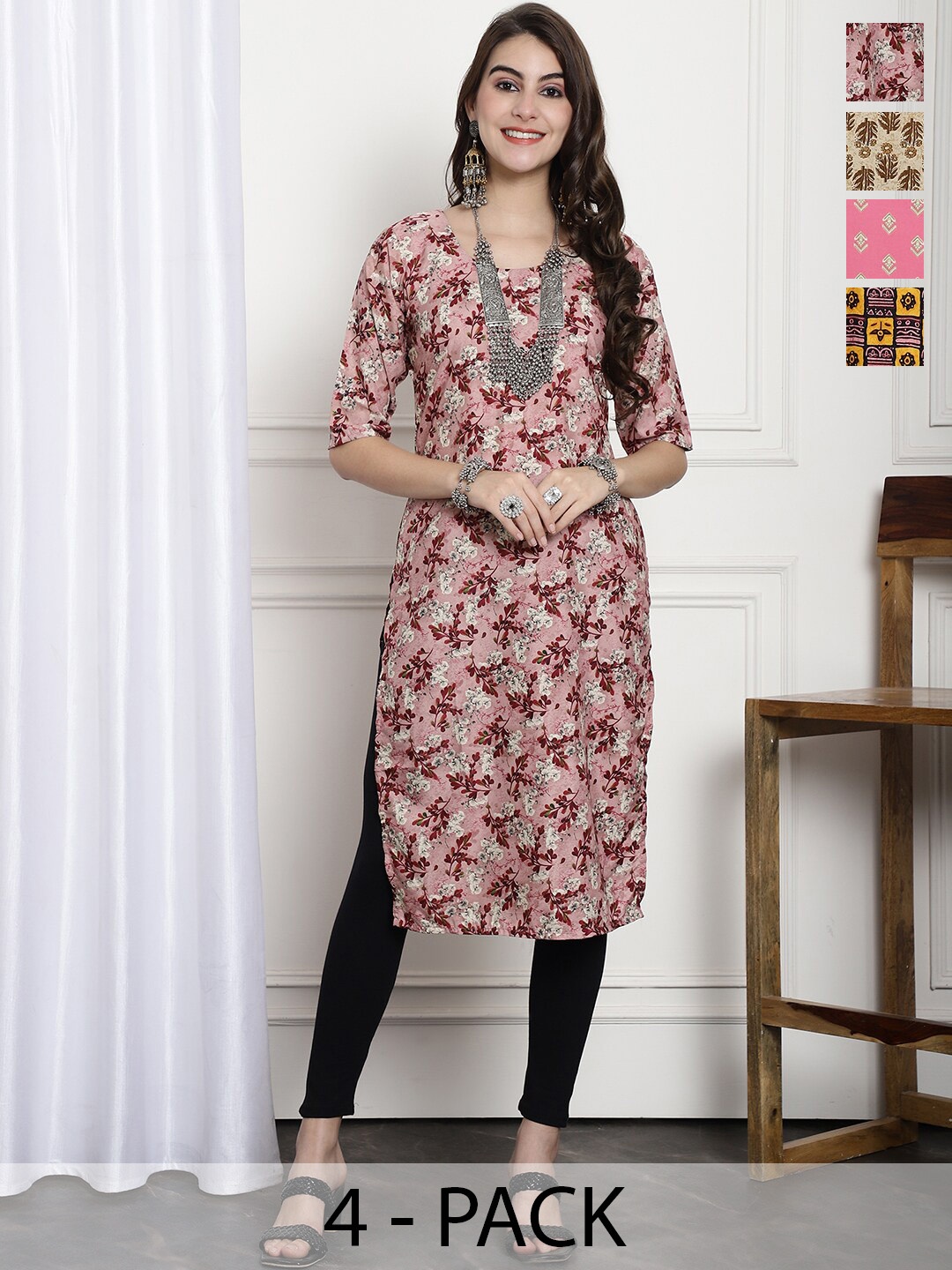 

7Threads Selection Of 4 Floral Printed Straight Kurtas, Pink