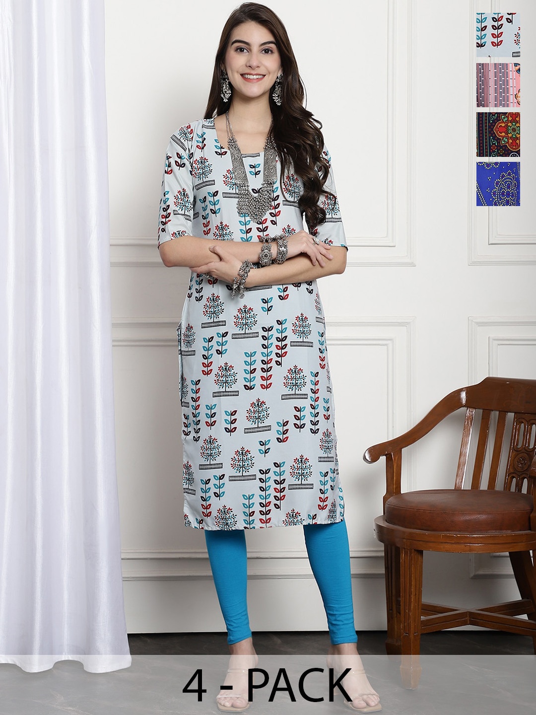 

7Threads Selection Of 4 Geometric Printed Straight Crepe Kurtas, Blue