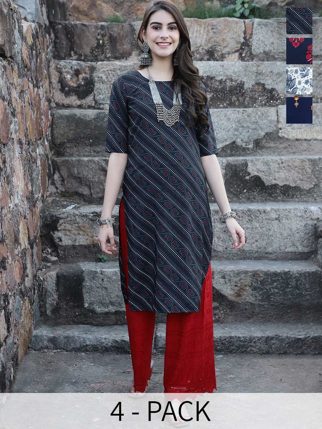 

7Threads Selection Of 4 Printed Straight Crepe Kurtas, Navy blue