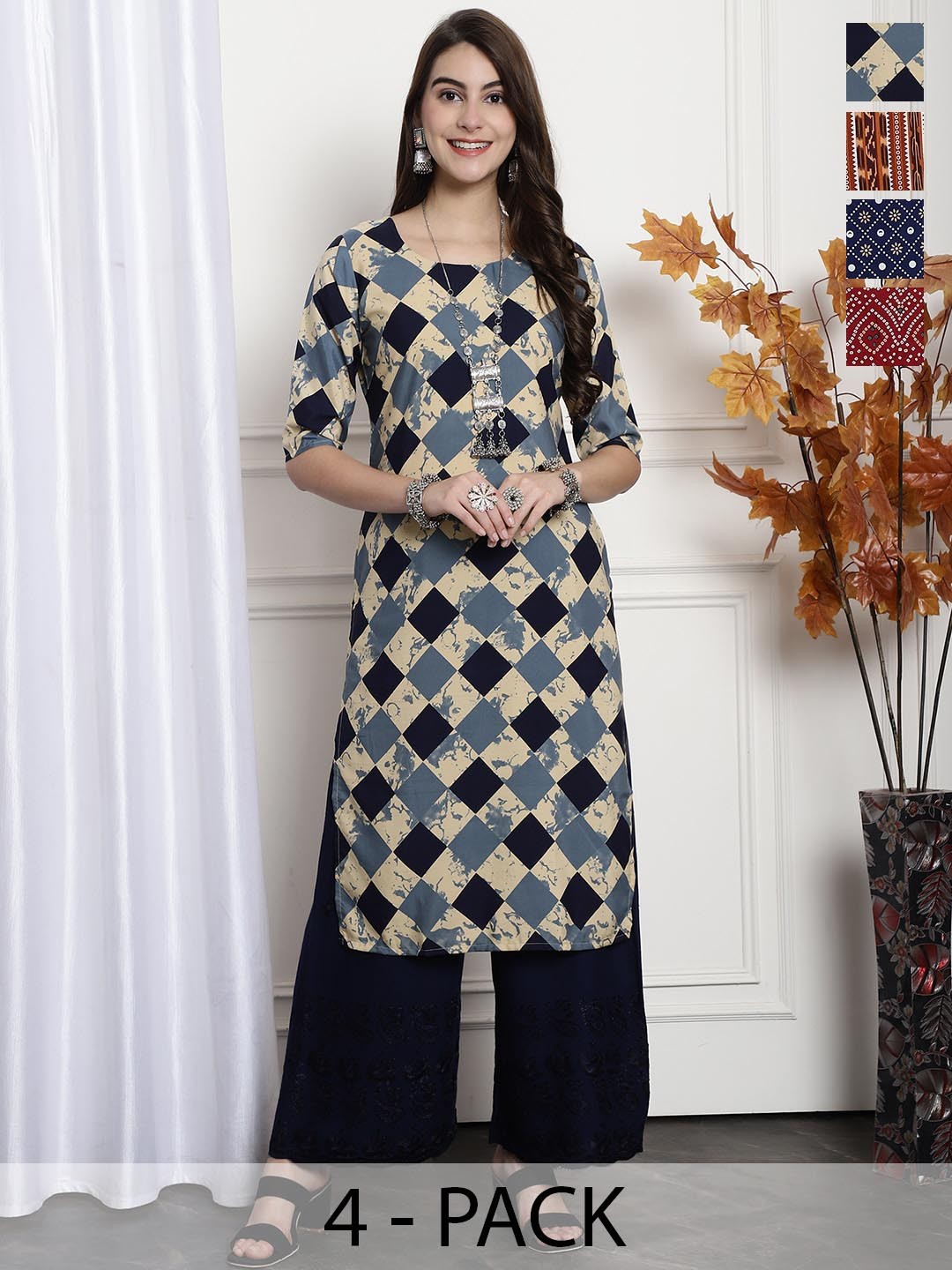 

7Threads Selection Of 4 Geometric Printed Straight Kurta, Beige