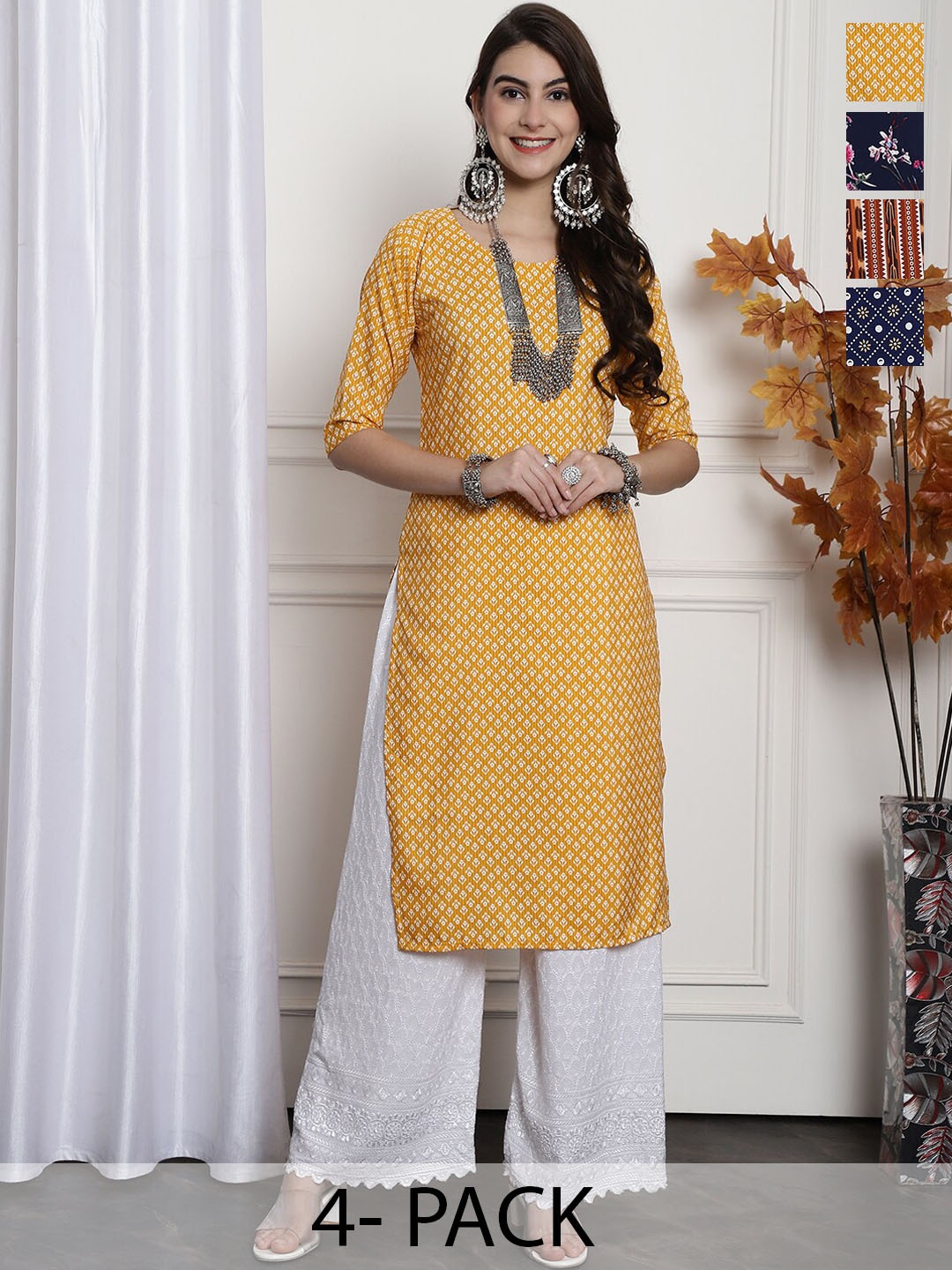 

7Threads Selection Of 4 Printed Crepe Kurta, Yellow