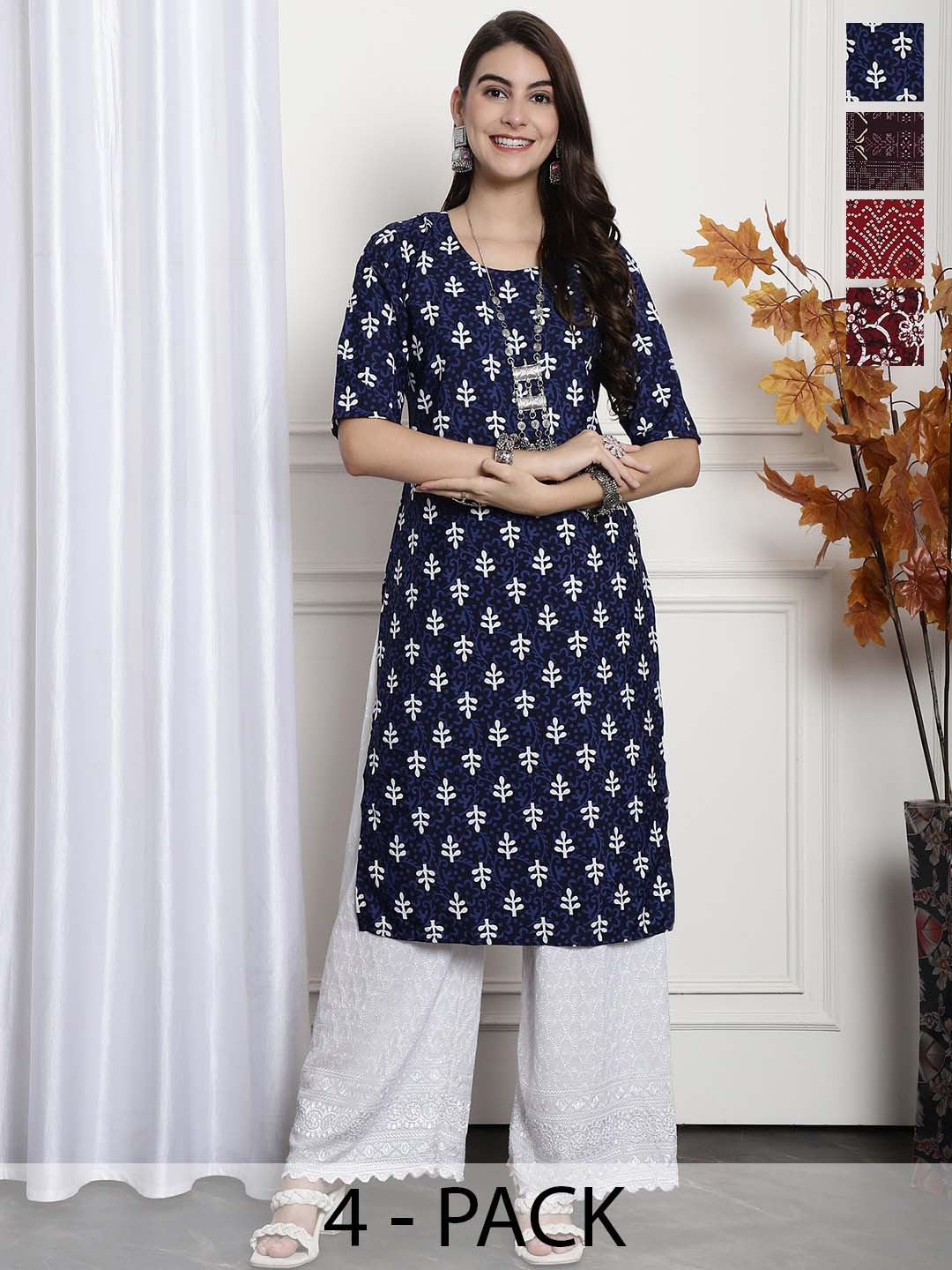 

7Threads Selection Of 4 Ethnic Motifs Printed Crepe Kurta, Navy blue