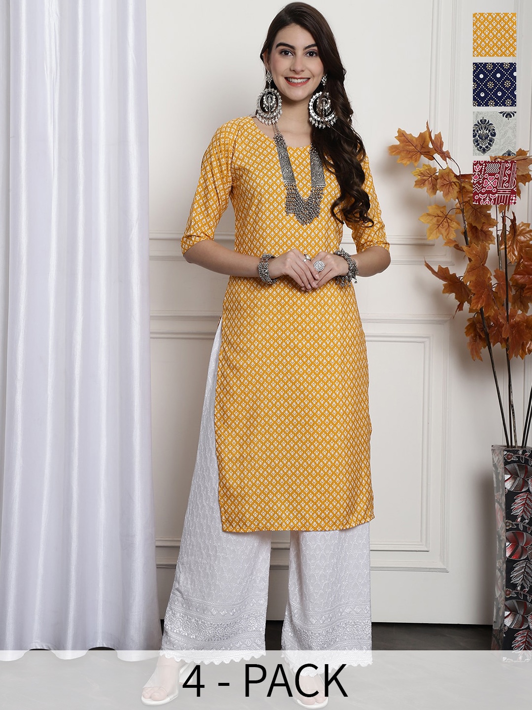 

7Threads Selection Of 4 Ethnic Motifs Printed Crepe Straight Kurta, Yellow