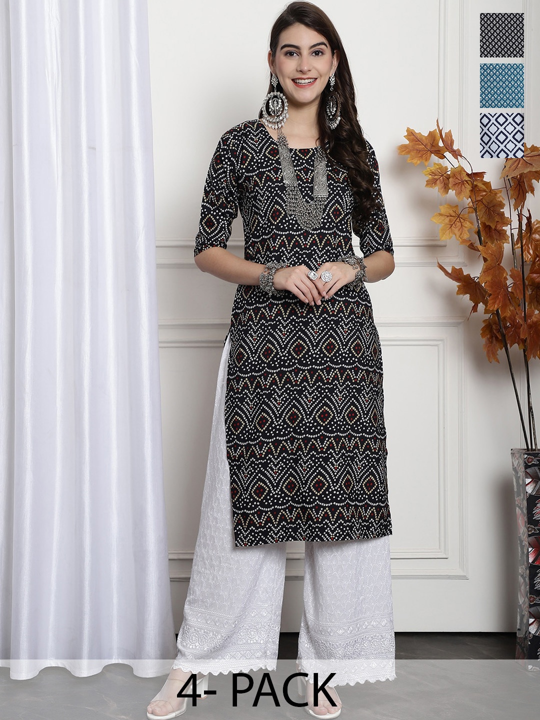 

7Threads Pack of 4 Ethnic Motifs Printed Summer Sheers Crepe Kurta, Multi