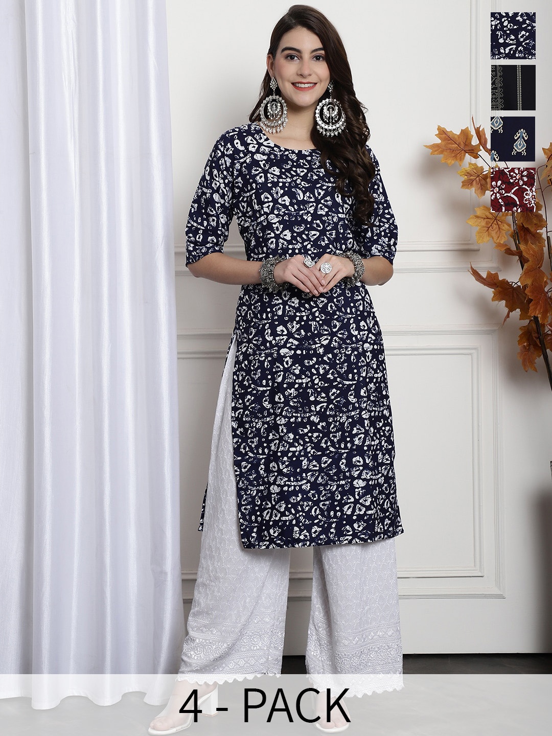 

7Threads Selection Of 4 Printed Straight Crepe Kurtas, Navy blue