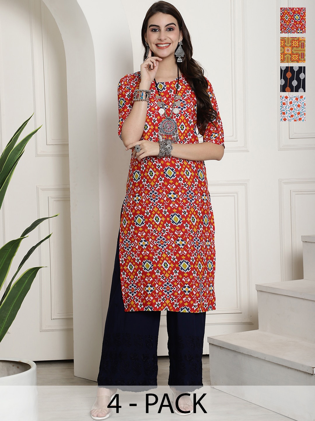 

7Threads Selection Of 4 Printed Straight Kurtas, Red