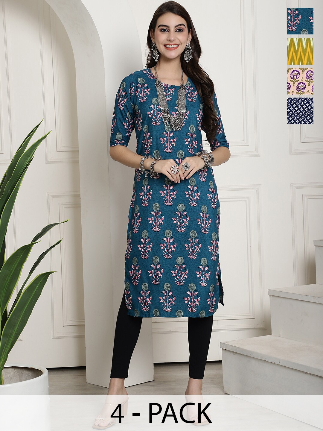 

7Threads Selection Of 4 Ethnic Motifs Printed Straight Kurta, Teal