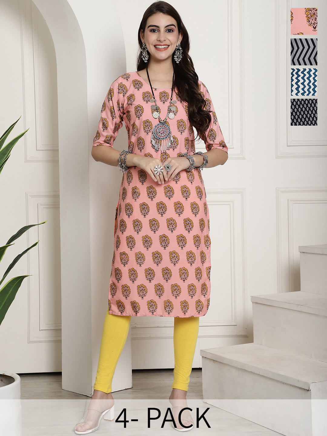 

7Threads Selection Of 4 Ethnic Motifs Printed Crepe Straight Kurta, Pink